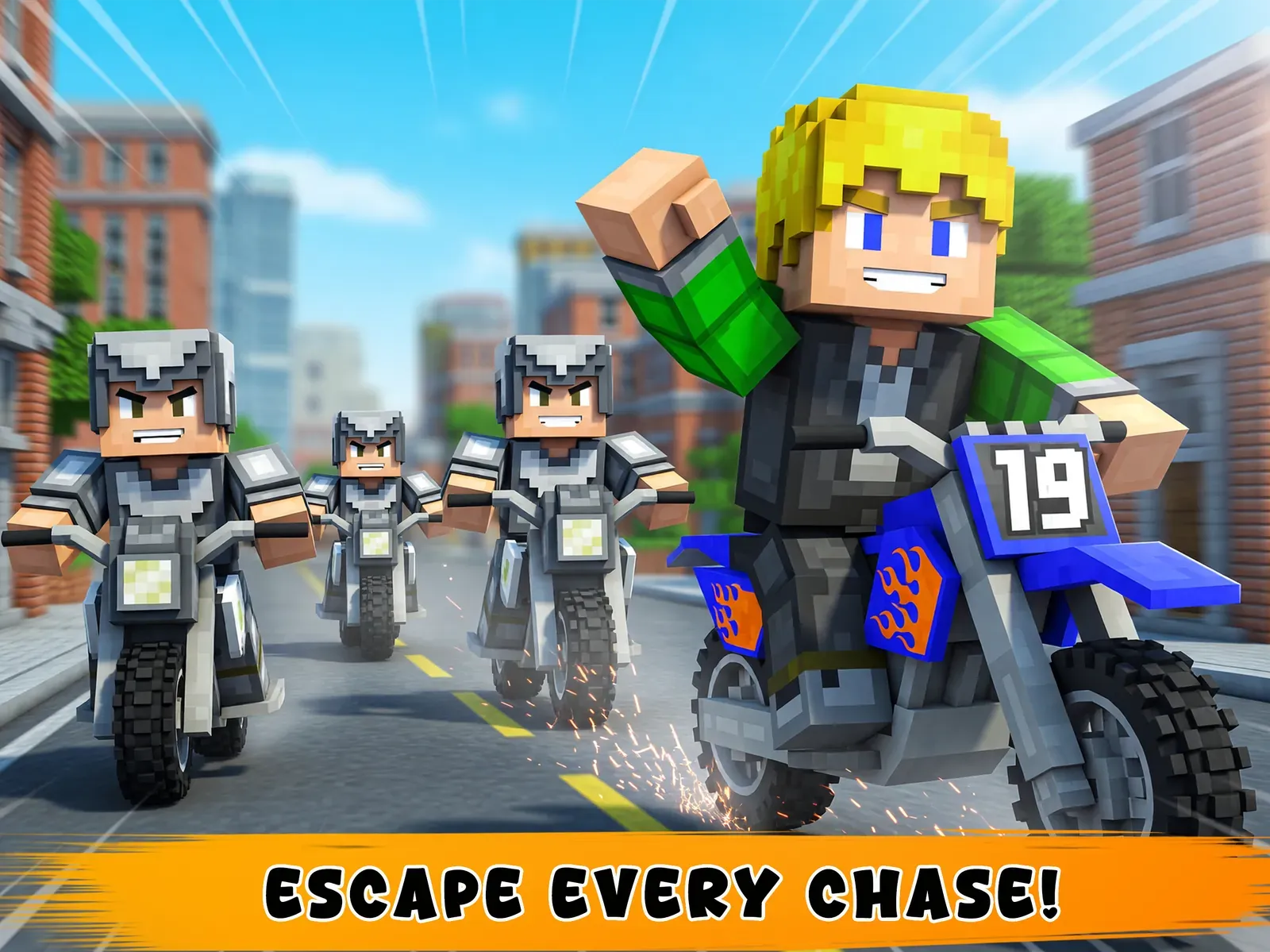 A rider raises a fist while three pursuers close in along a city street, captioned Escape every chase