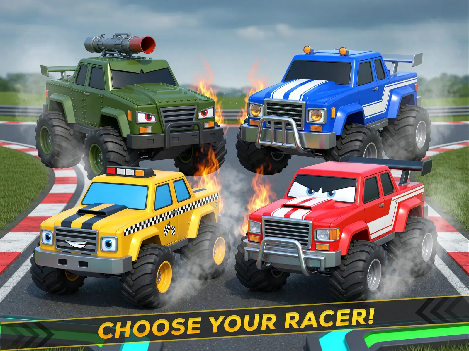 Four monster trucks in green, blue, yellow and red line up on a circuit, captioned Choose your racer