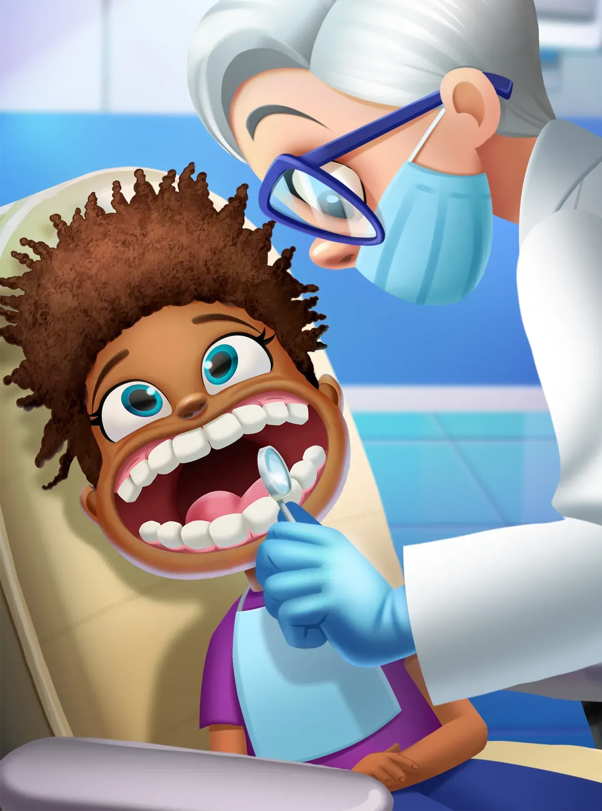A masked dentist leans over a child in the chair, checking an open mouth with a dental mirror