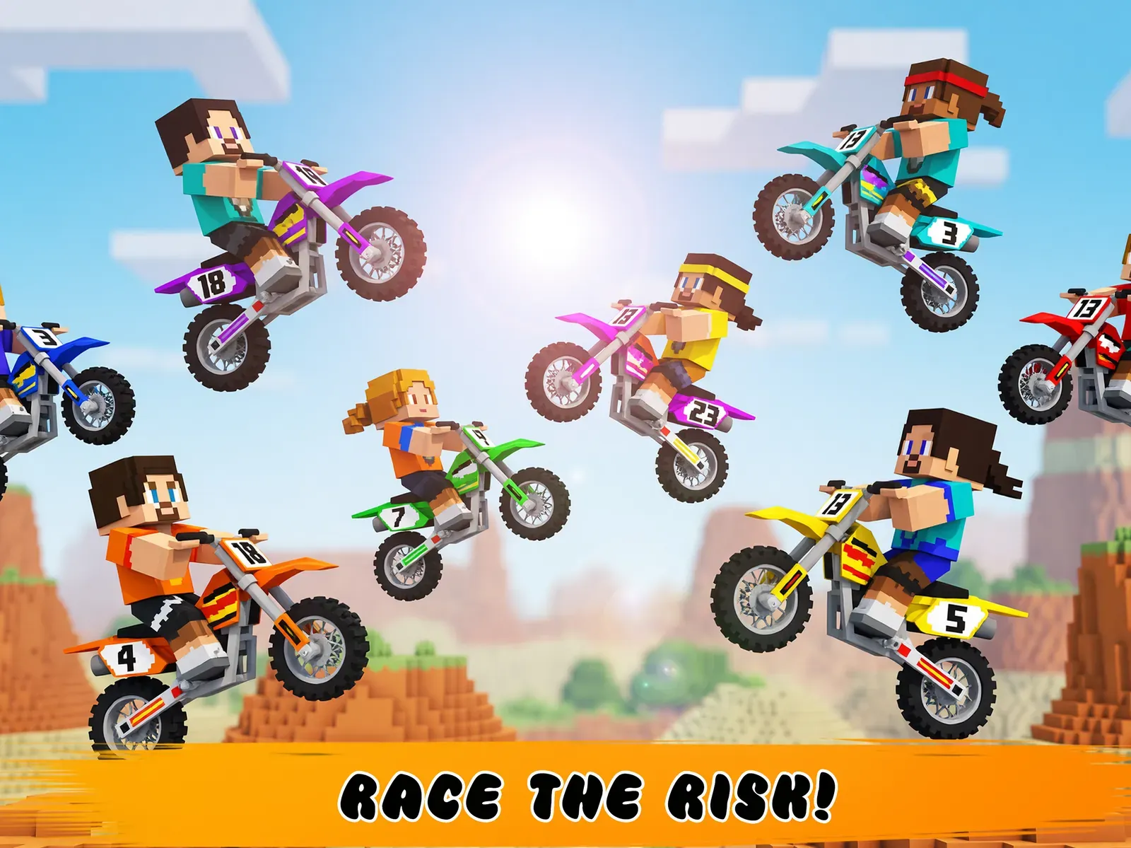 Seven riders jump at once above a red canyon, captioned Race the risk