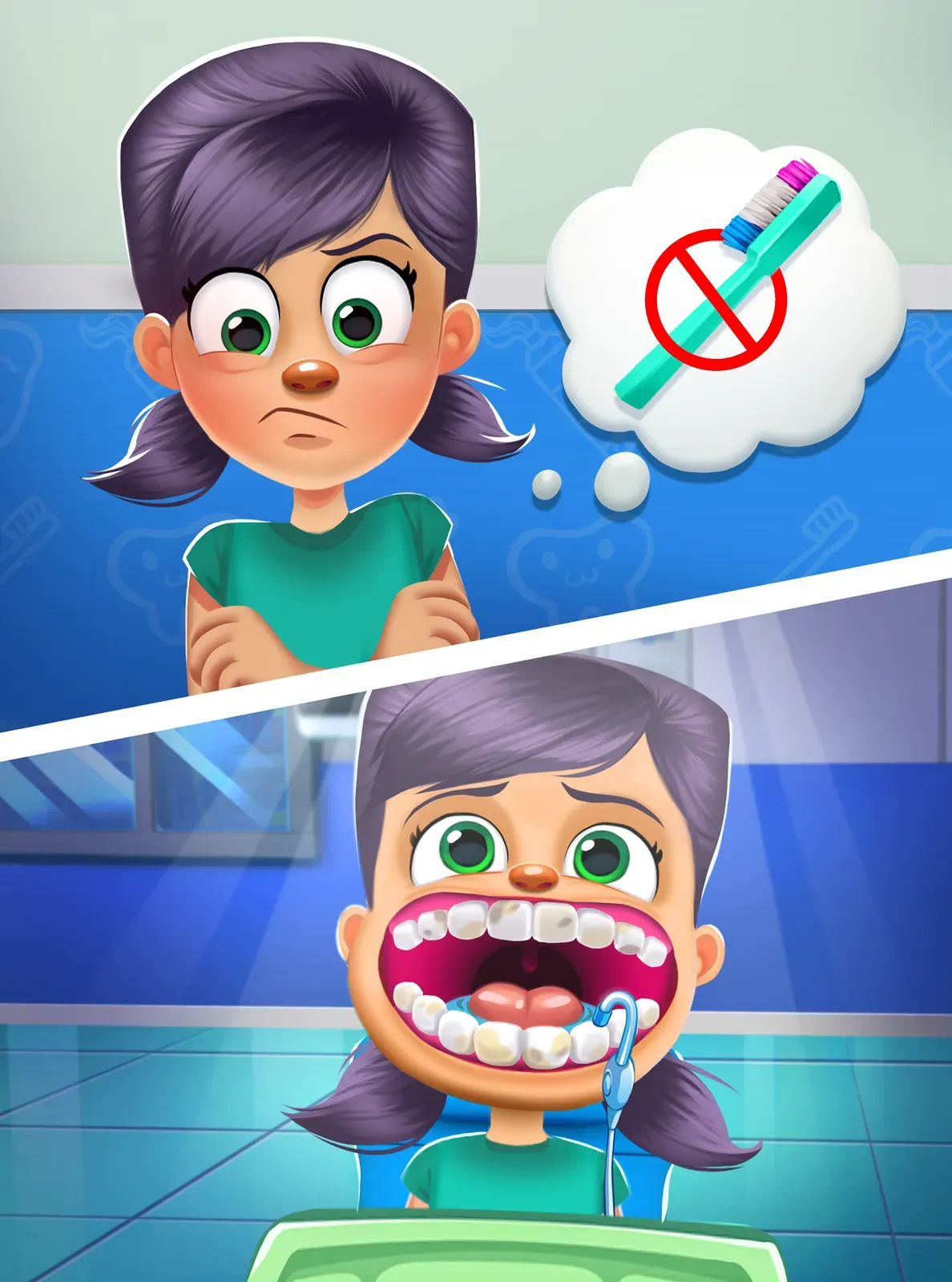 A split scene: a girl refuses a toothbrush above, and her stained teeth are treated below