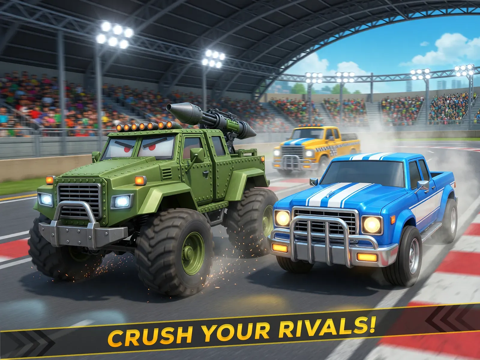 An armoured truck with a mounted cannon races a blue rival in a floodlit stadium, captioned Crush your rivals
