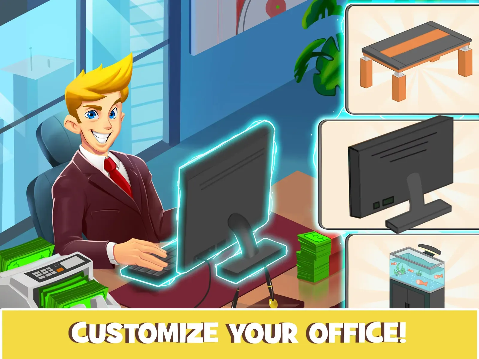 An office interior beside selectable desk, monitor and aquarium upgrades, captioned Customize your office