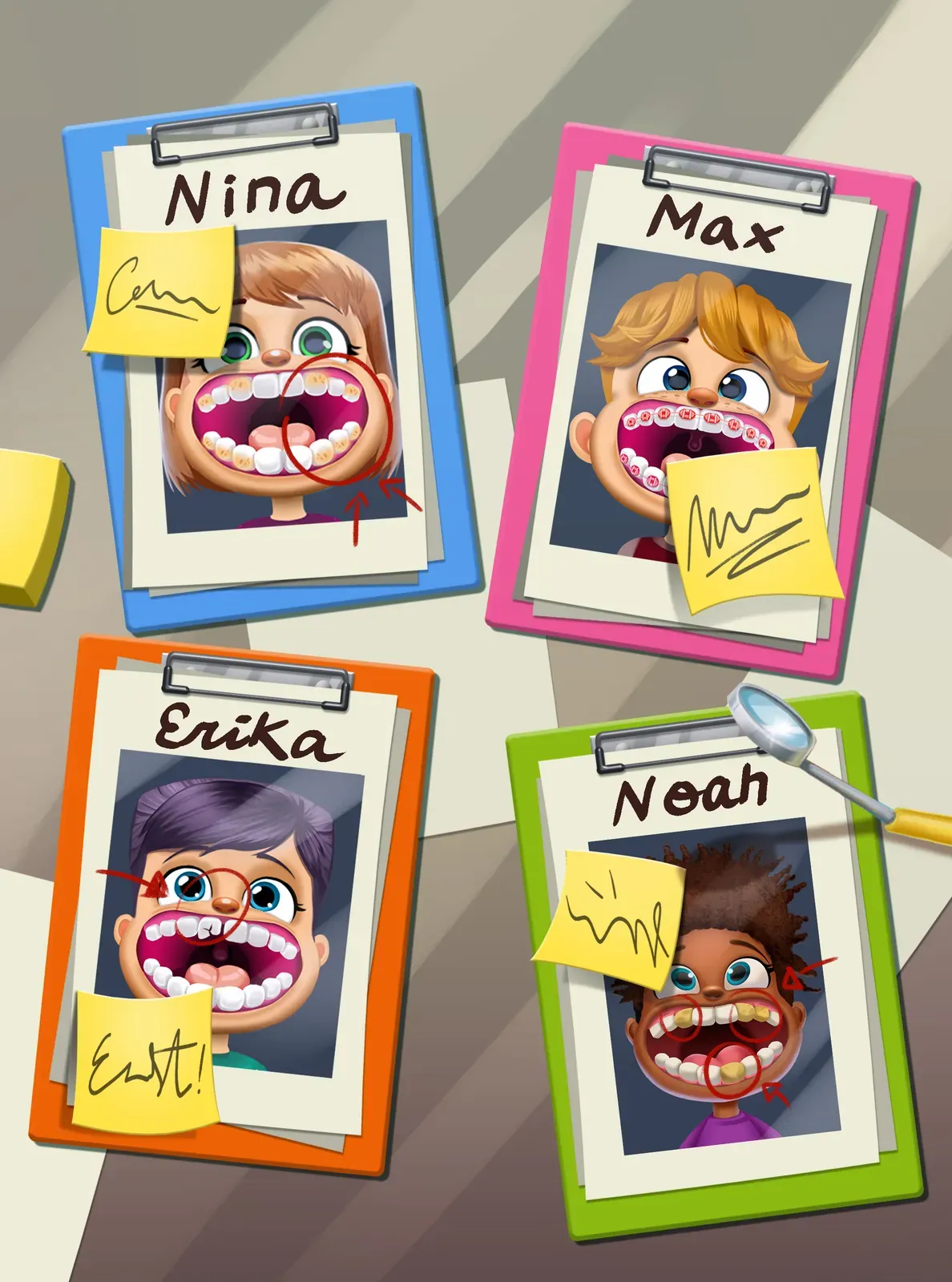 Four patient clipboards labelled Nina, Max, Erika and Noah, each marked up with treatment notes