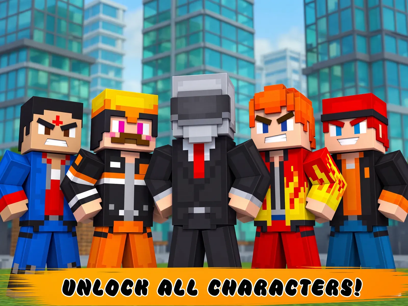 Five blocky characters stand together in front of glass towers, captioned Unlock all characters