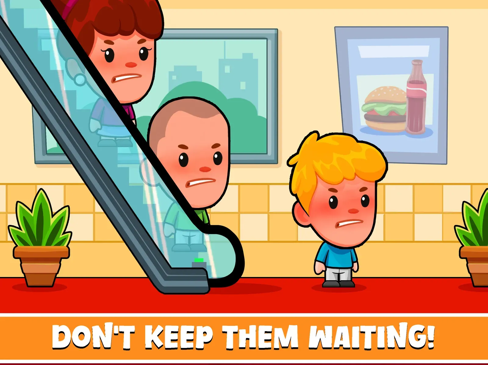 Three scowling customers wait by an escalator, captioned Do not keep them waiting