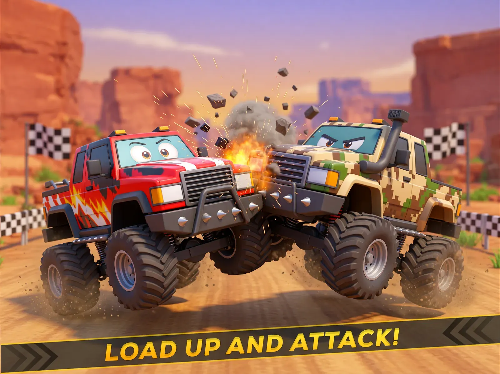 Two trucks slam bumpers in a desert canyon as debris flies, captioned Load up and attack