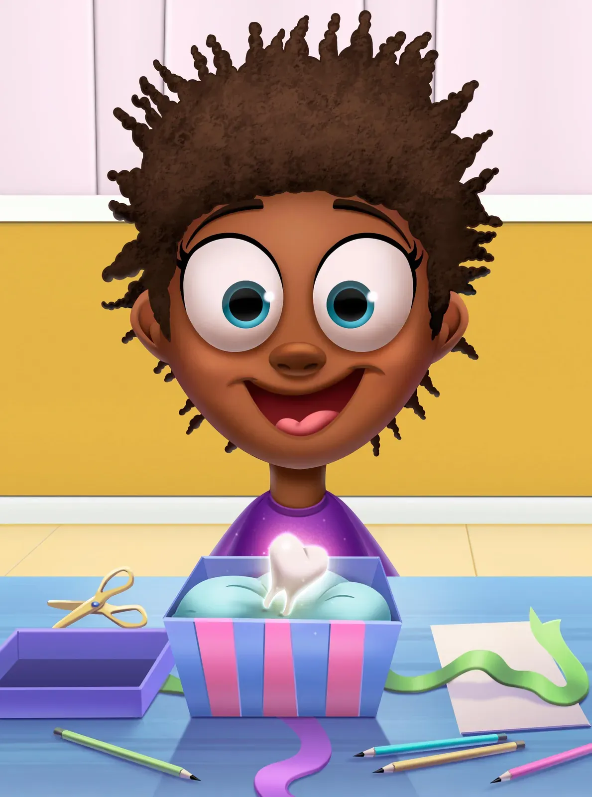 A grinning child holds up a gift box with a lost tooth resting on a cushion inside