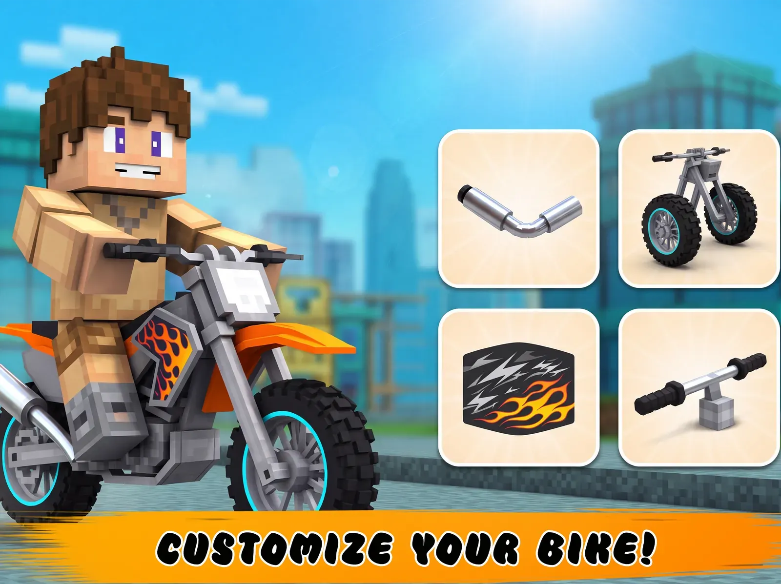 A rider beside a grid of exhaust, wheel, decal and handlebar parts, captioned Customize your bike