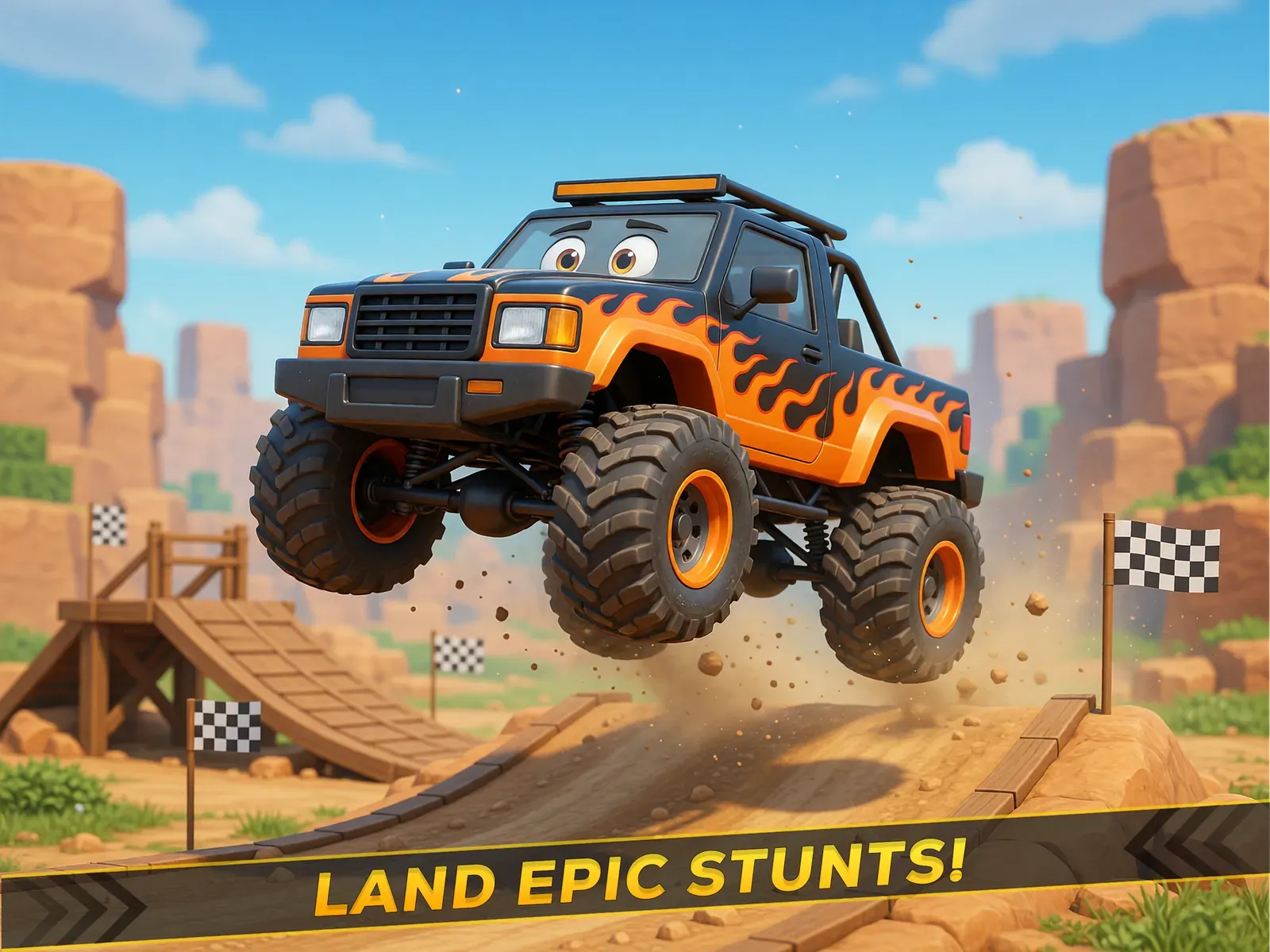 A flame decalled truck jumps a wooden ramp between chequered flags, captioned Land epic stunts