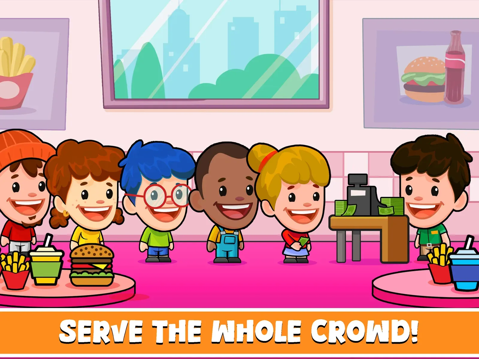 A queue of customers waits at a till beside displays of food, captioned Serve the whole crowd