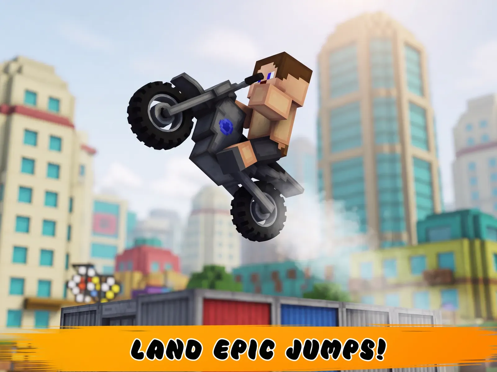A bike stands almost vertical after a ramp above shipping containers, captioned Land epic jumps