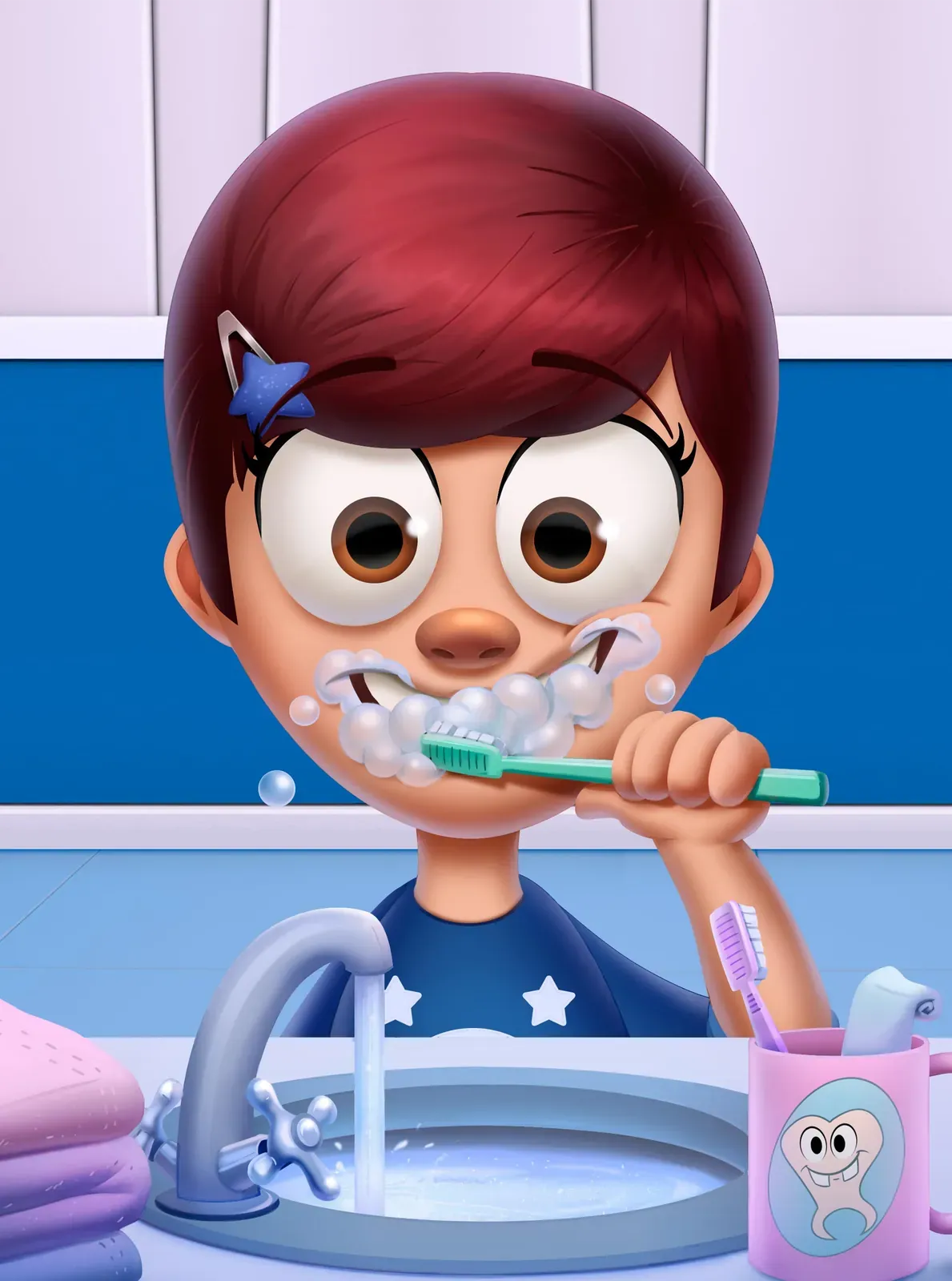 A child brushes at a bathroom sink, mouth full of foam, with a running tap and a tooth print mug
