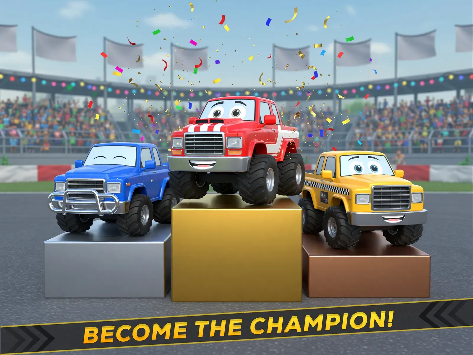 Three trucks on a winner podium under falling confetti, captioned Become the champion