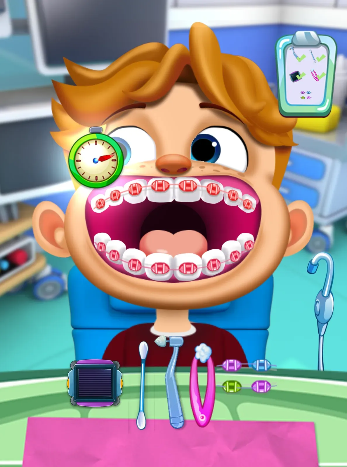 A boy in the chair shows a full set of braces, with a timer running and a tray of brackets below