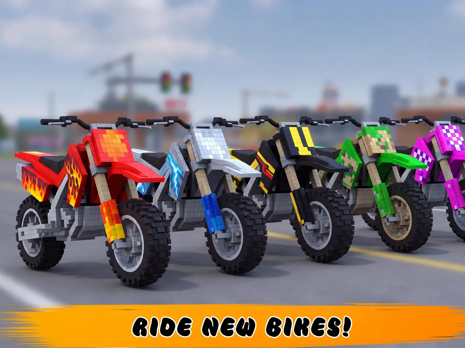 A row of dirt bikes in red, white, yellow, green and pink on a city road, captioned Ride new bikes