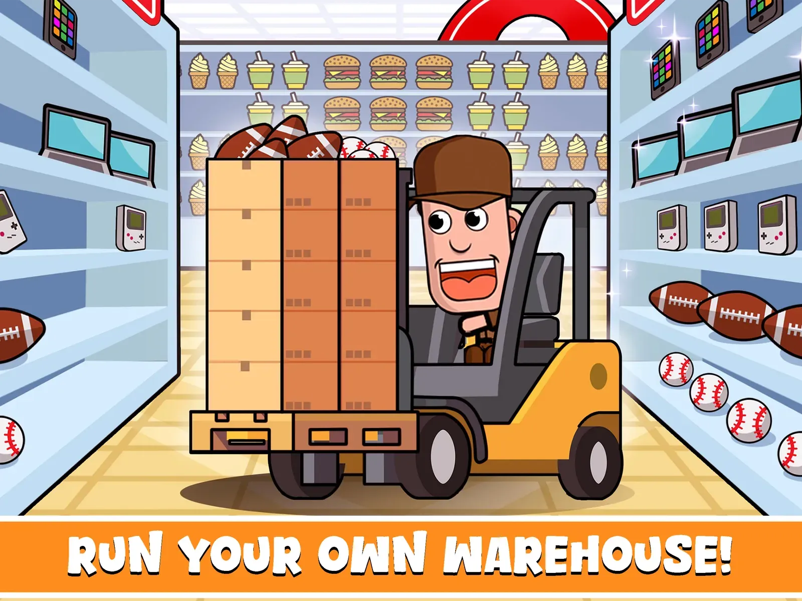 A forklift carries a pallet of boxes down a stocked warehouse aisle, captioned Run your own warehouse