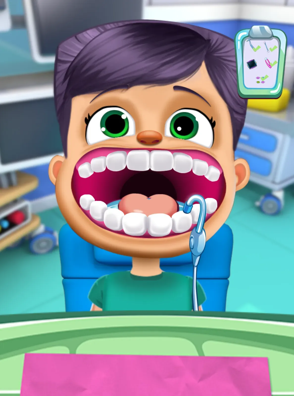A child in the chair with a clean set of teeth and a suction tool at the corner of the mouth