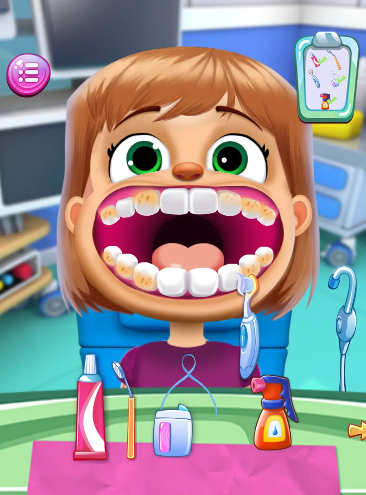 A patient with stained teeth above a tray holding toothpaste, a brush, floss and a spray bottle
