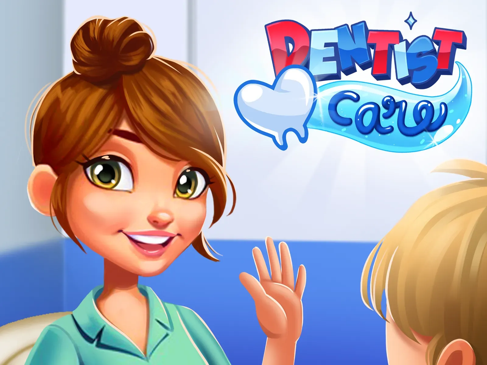 Key art: a smiling dental assistant waves to a young patient, under the Dentist Care logo