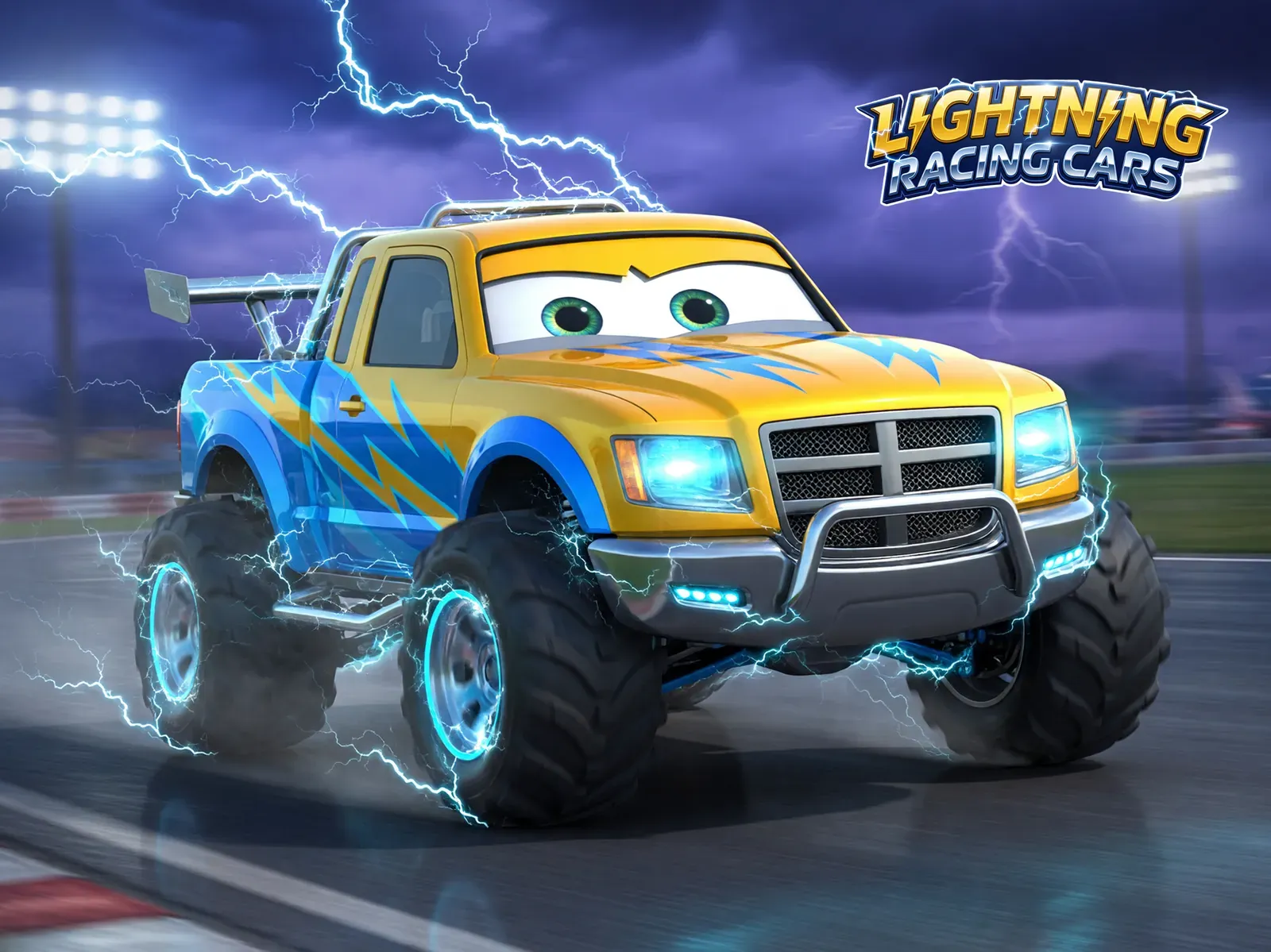Key art: a yellow monster truck with eyes crackles with lightning on a night circuit, under the Lightning Racing Cars logo