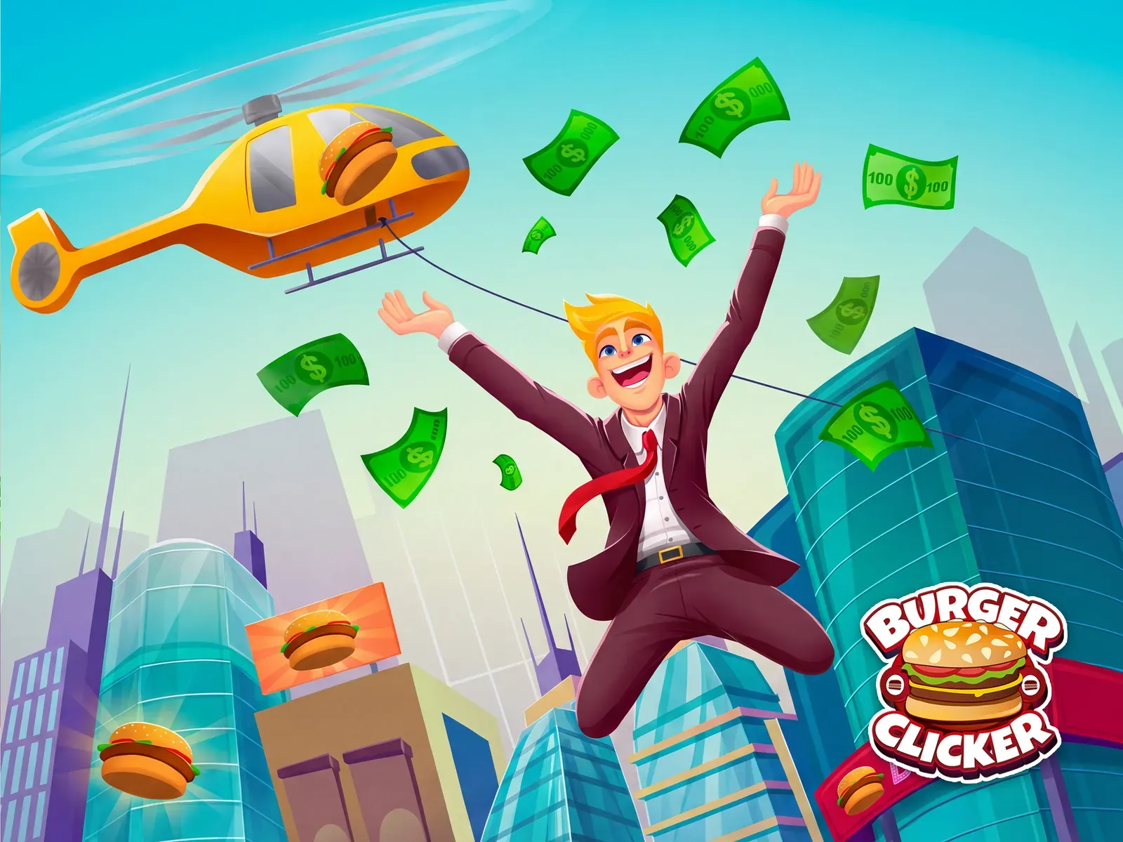 Key art: a businessman leaps through falling banknotes below a burger carrying helicopter, under the Burger Clicker logo