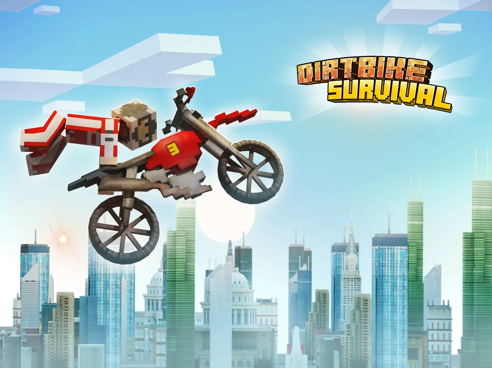 Key art: a blocky red dirt bike launches over a city skyline under the Dirtbike Survival logo