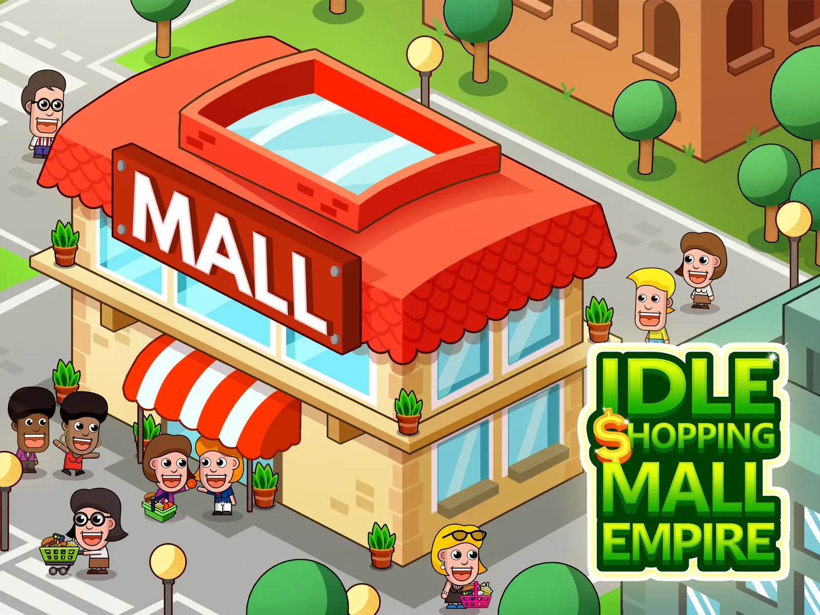 Key art: an isometric shopping mall with shoppers on the pavement outside, under the Idle Shopping Mall Empire logo